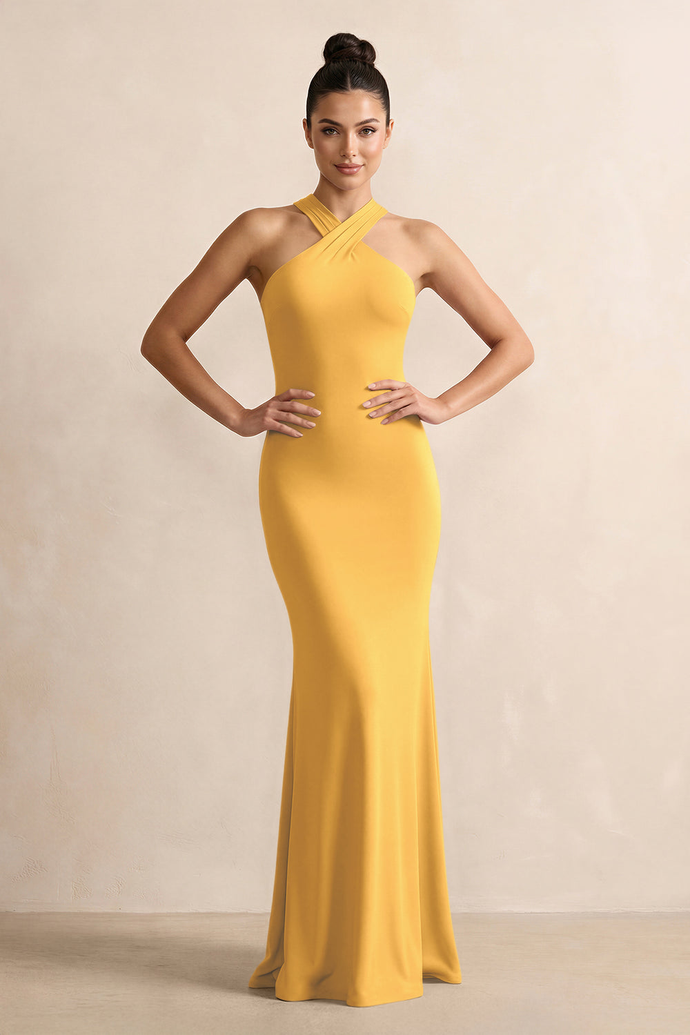 Crisscross Halter Sheath Satin Bridesmaid Dress with Bow in Gold