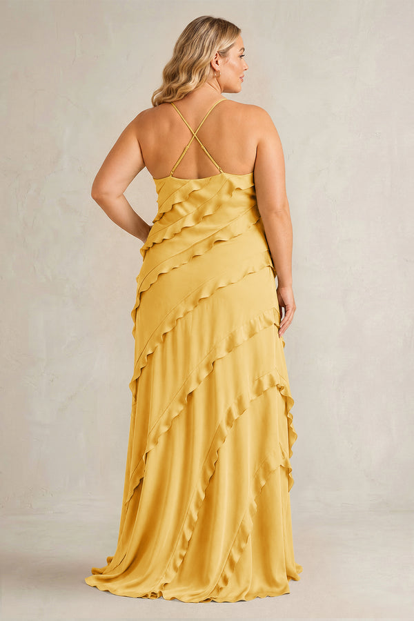 Gold Spaghetti Straps Sheath Stain Ruffled Bridesmaid Dress (2) | KISSBRIDAL[sizeplus]