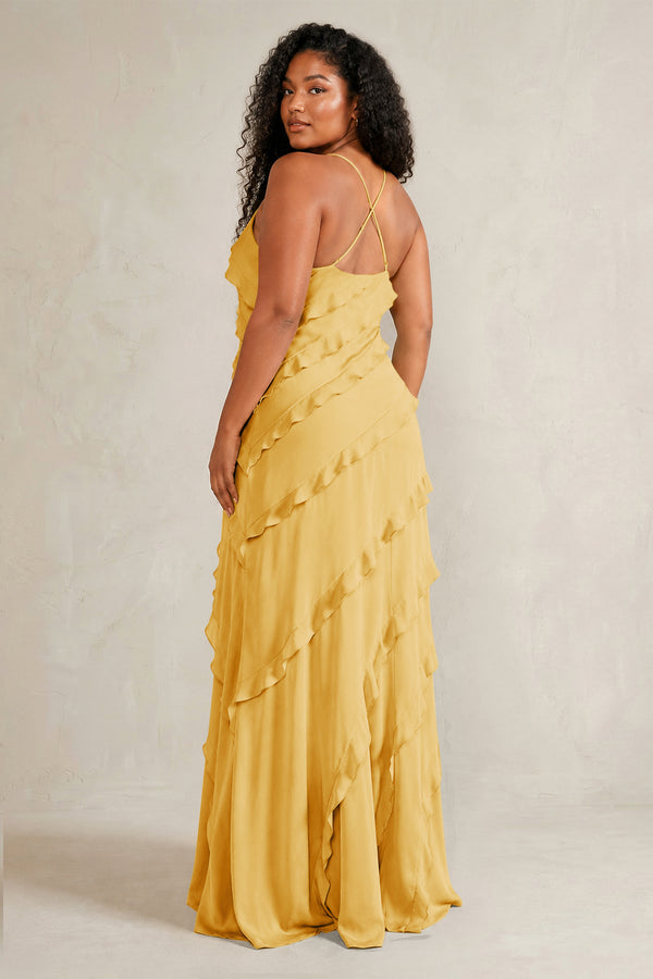 Gold Spaghetti Straps Sheath Stain Ruffled Bridesmaid Dress (4) | KISSBRIDAL[sizeplus]