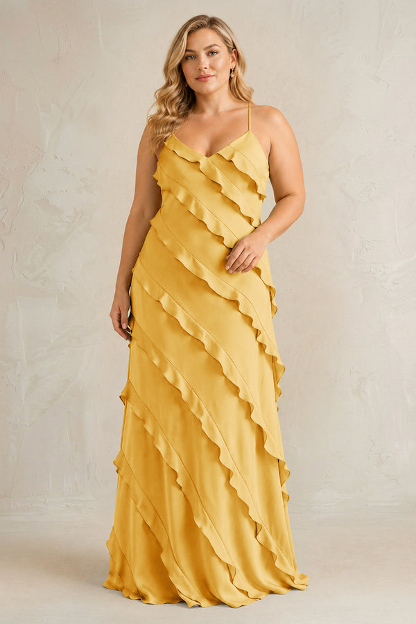 Gold Spaghetti Straps Sheath Stain Ruffled Bridesmaid Dress | KISSBRIDAL[sizeplus]