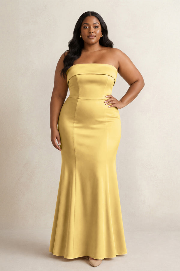 Gold Strapless Satin Mermaid Bridesmaid Dress [sizeplus] | KISSBRIDAL