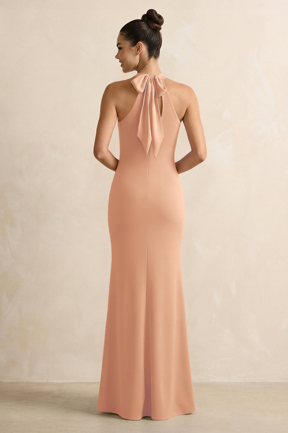 Crisscross Halter Sheath Satin Bridesmaid Dress with Bow in Golden Champagne