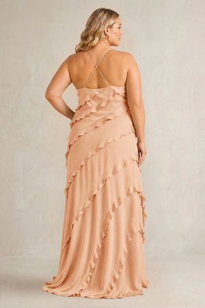 Golden Champagne Spaghetti Straps Sheath Stain Ruffled Bridesmaid Dress (2) | KISSBRIDAL[sizeplus]
