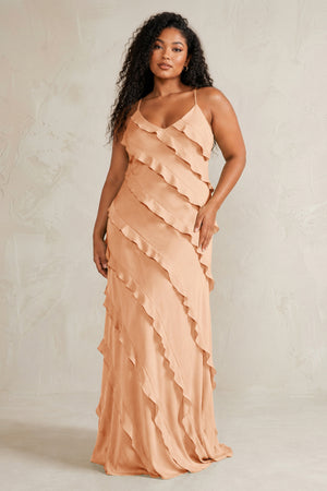 Golden Champagne Spaghetti Straps Sheath Stain Ruffled Bridesmaid Dress (3) | KISSBRIDAL[sizeplus]