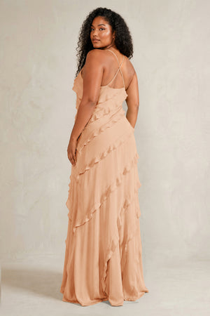 Golden Champagne Spaghetti Straps Sheath Stain Ruffled Bridesmaid Dress (4) | KISSBRIDAL[sizeplus]