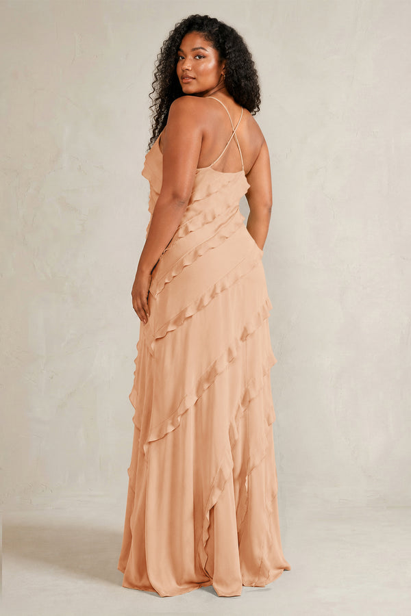 Golden Champagne Spaghetti Straps Sheath Stain Ruffled Bridesmaid Dress (4) | KISSBRIDAL[sizeplus]