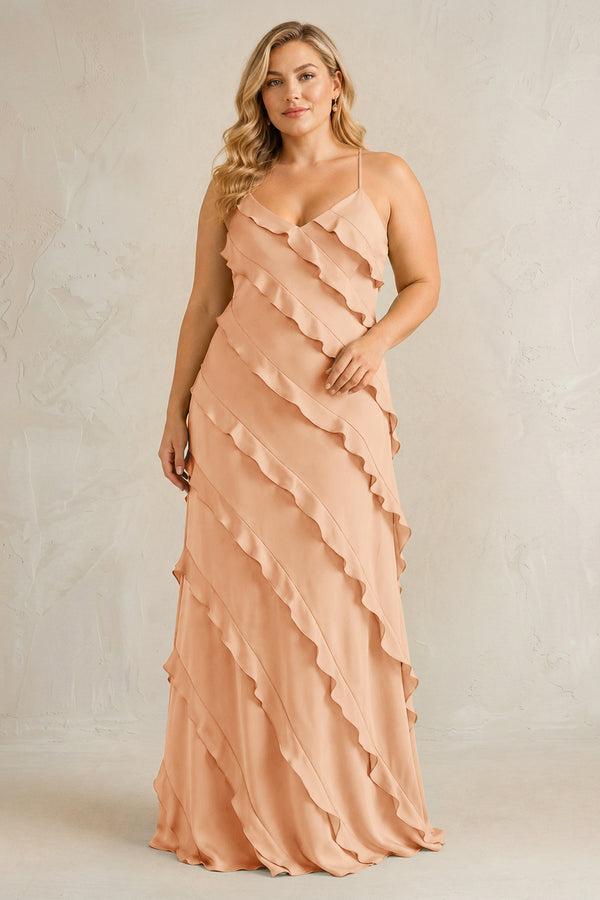 Golden Champagne Spaghetti Straps Sheath Stain Ruffled Bridesmaid Dress | KISSBRIDAL[sizeplus]