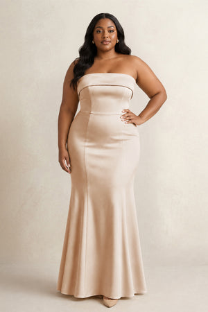 Golden Champagne Strapless Satin Mermaid Bridesmaid Dress (3) [sizeplus] | KISSBRIDAL