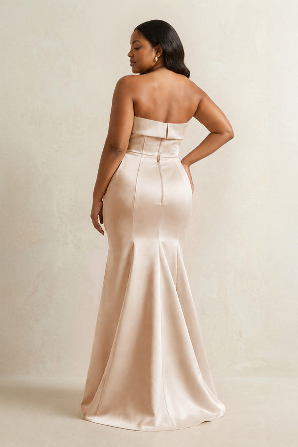 Golden Champagne Strapless Satin Mermaid Bridesmaid Dress (4) [sizeplus] | KISSBRIDAL