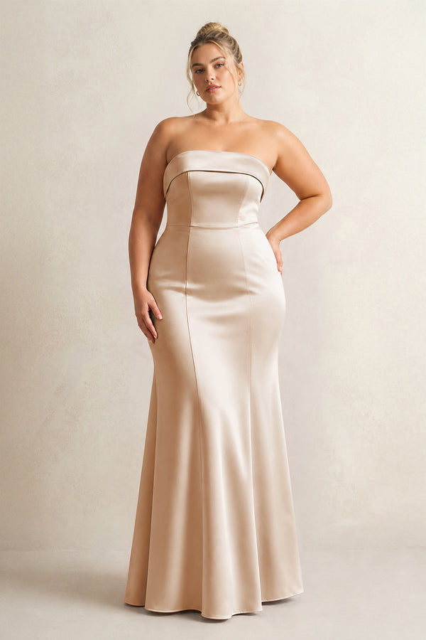 Golden Champagne Strapless Satin Mermaid Bridesmaid Dress [sizeplus] | KISSBRIDAL