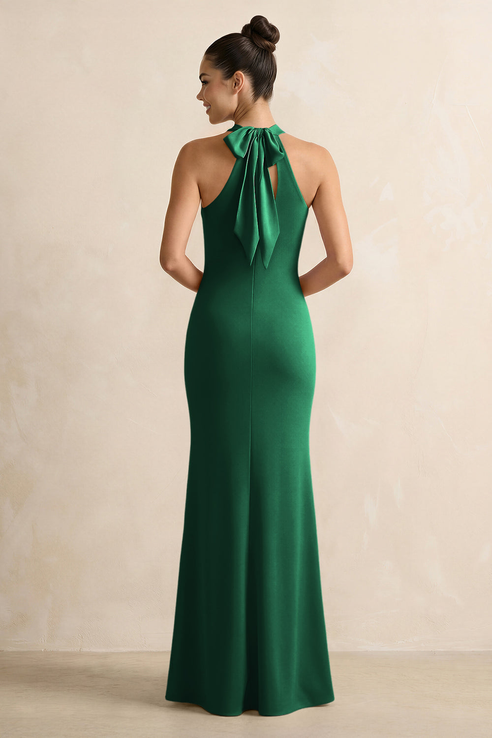 Crisscross Halter Sheath Satin Bridesmaid Dress with Bow in Green