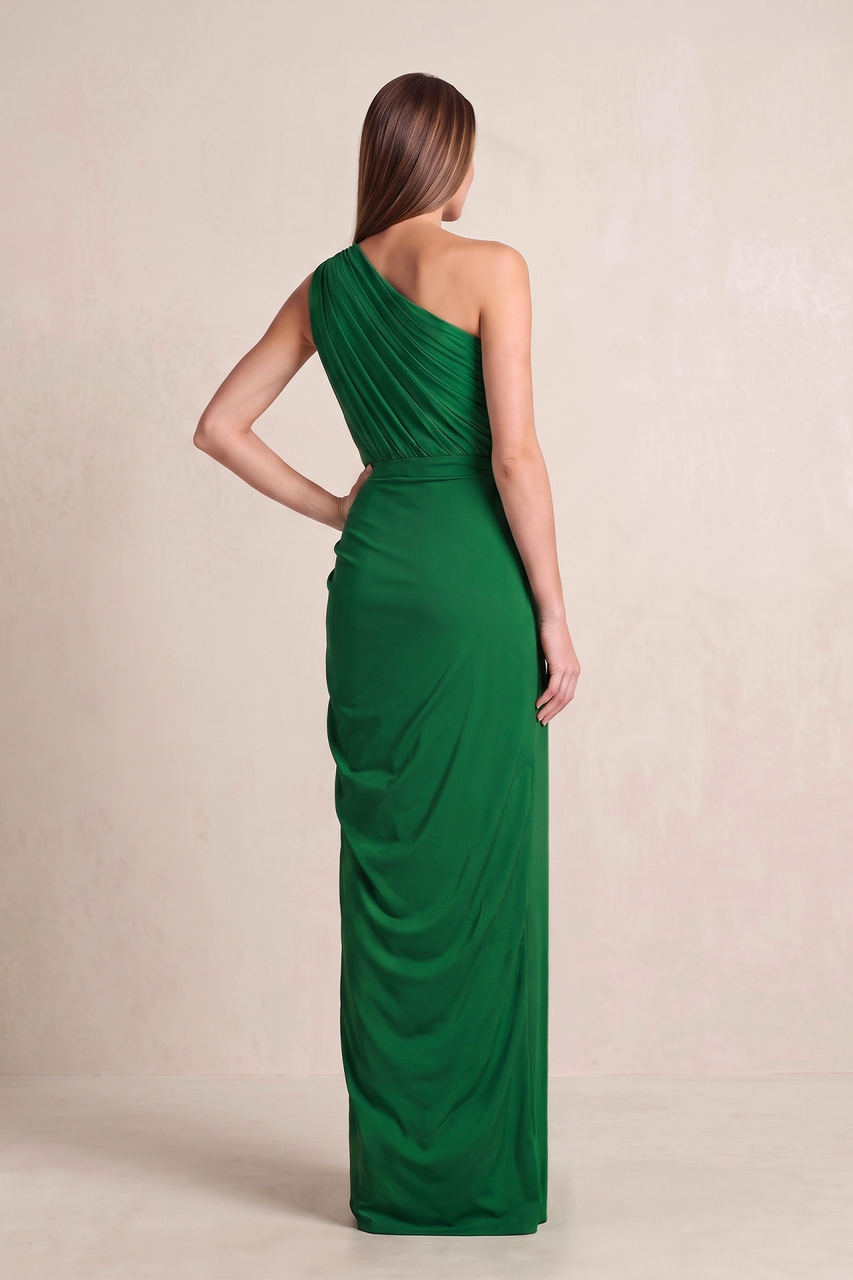Green Sheath Pleated Linen One-Shoulder Mother of the Bride Dress