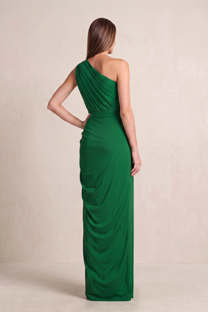 Green Sheath Pleated Linen One-Shoulder Mother of the Bride Dress (2) | KISSBRIDAL