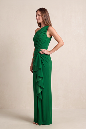 Green Sheath Pleated Linen One-Shoulder Mother of the Bride Dress (3) | KISSBRIDAL