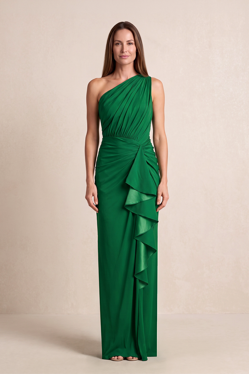 Green Sheath Pleated Linen One-Shoulder Mother of the Bride Dress