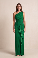 Green Sheath Pleated Linen One-Shoulder Mother of the Bride Dress | KISSBRIDAL