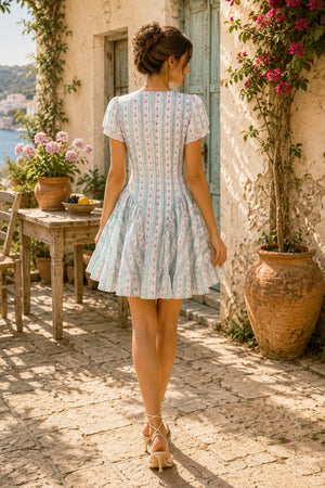 Green Short Sleeves Vintage Rose Printed Cotton Mini Dress - SHE IS ME Dresses