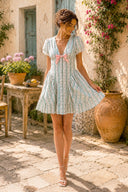 Green Short Sleeves Vintage Rose Printed Cotton Mini Dress - SHE IS ME Dresses
