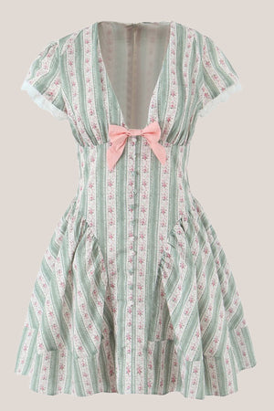 Green Short Sleeves Vintage Rose Printed Cotton Mini Dress - SHE IS ME Dresses