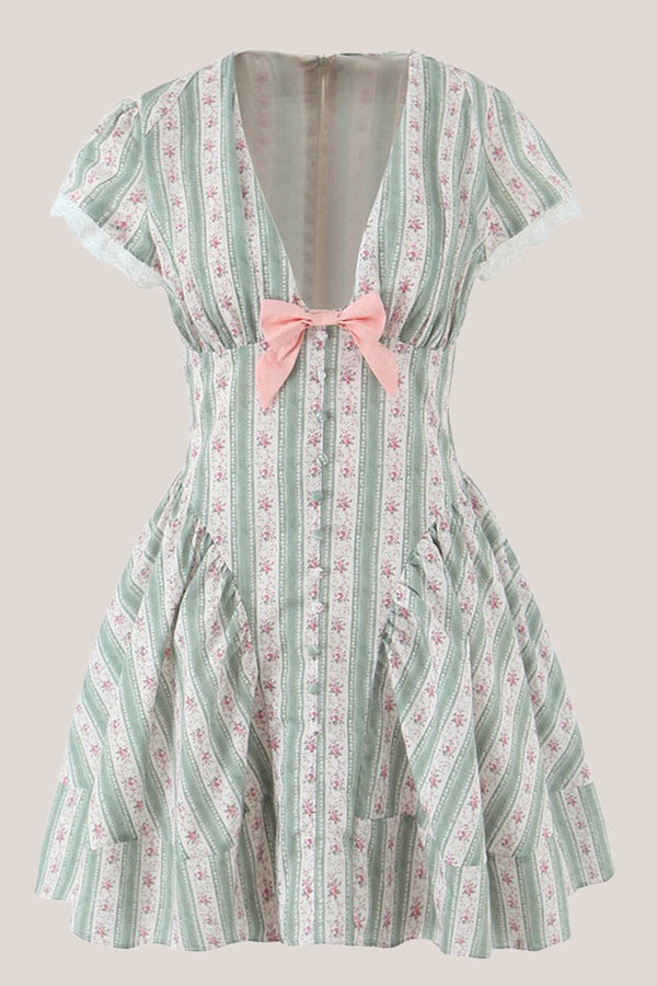 Green Short Sleeves Vintage Rose Printed Cotton Mini Dress - SHE IS ME Dresses