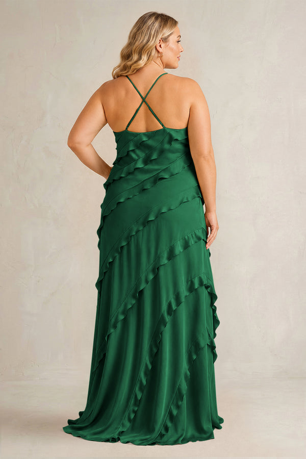 Green Spaghetti Straps Sheath Stain Ruffled Bridesmaid Dress (2) | KISSBRIDAL[sizeplus]