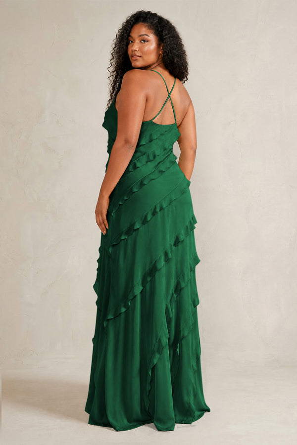 Green Spaghetti Straps Sheath Stain Ruffled Bridesmaid Dress (4) | KISSBRIDAL[sizeplus]