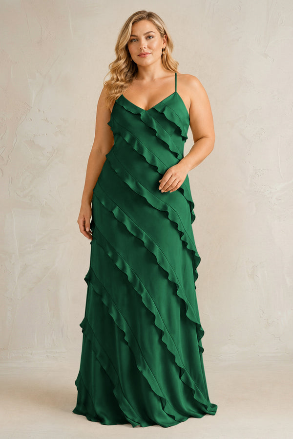 Green Spaghetti Straps Sheath Stain Ruffled Bridesmaid Dress | KISSBRIDAL[sizeplus]