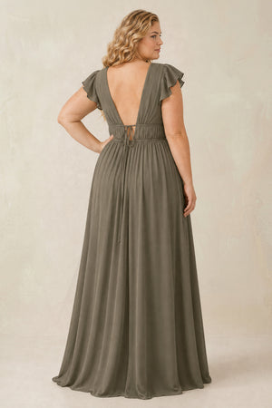 V - Neck A - Line Chiffon Cap Sleeves Bridesmaid Dress in Willow Green - KISS BRIDAL Bridesmaid Dresses[sizeplus]