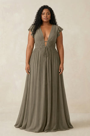 V - Neck A - Line Chiffon Cap Sleeves Bridesmaid Dress in Willow Green - KISS BRIDAL Bridesmaid Dresses[sizeplus]