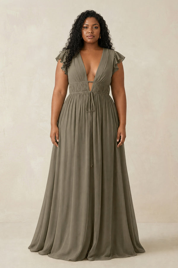 V - Neck A - Line Chiffon Cap Sleeves Bridesmaid Dress in Willow Green - KISS BRIDAL Bridesmaid Dresses[sizeplus]