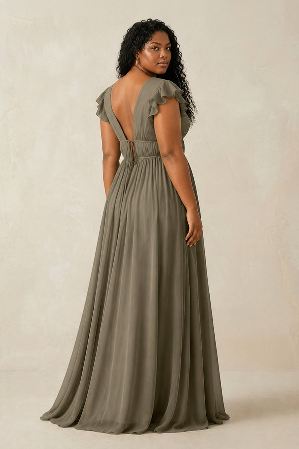 V - Neck A - Line Chiffon Cap Sleeves Bridesmaid Dress in Willow Green - KISS BRIDAL Bridesmaid Dresses[sizeplus]