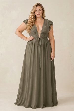 V - Neck A - Line Chiffon Cap Sleeves Bridesmaid Dress in Willow Green - KISS BRIDAL Bridesmaid Dresses[sizeplus]
