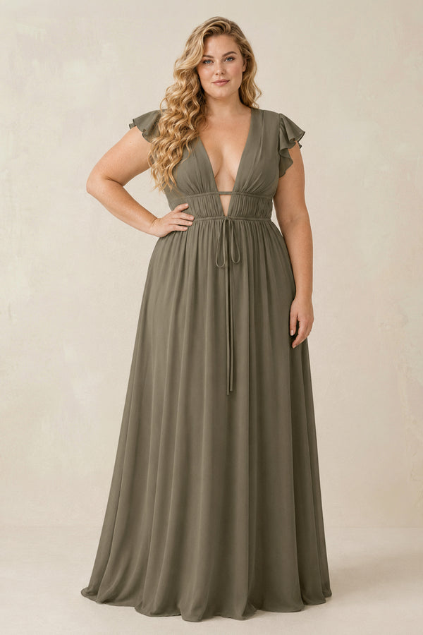 V - Neck A - Line Chiffon Cap Sleeves Bridesmaid Dress in Willow Green - KISS BRIDAL Bridesmaid Dresses[sizeplus]