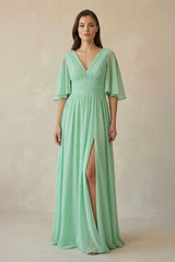 Half Sleeve V - Neck A - Line Chiffon Bridesmaid Gown - KISS BRIDAL Bridesmaid Dresses
