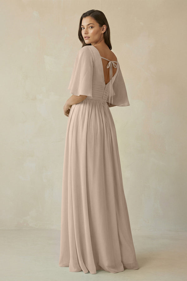 Half Sleeve V - Neck A - Line Chiffon Bridesmaid Gown in Almond - SHE IS ME Bridesmaid Dresses