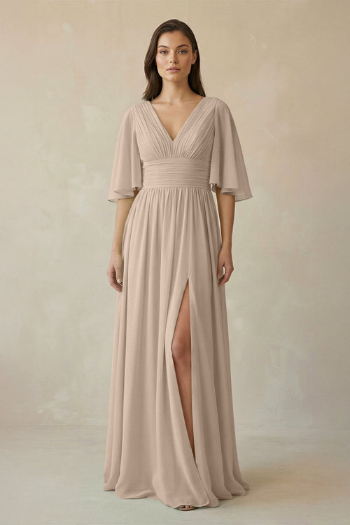 Half Sleeve V - Neck A - Line Chiffon Bridesmaid Gown in Almond - SHE IS ME Bridesmaid Dresses