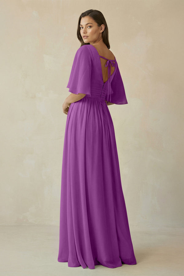 Half Sleeve V - Neck A - Line Chiffon Bridesmaid Gown in Amethyst - KISS BRIDAL Bridesmaid Dresses
