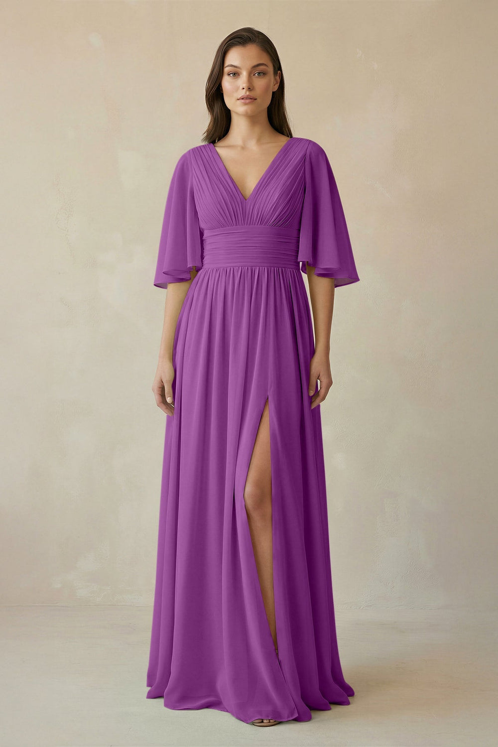 Half Sleeve V - Neck A - Line Chiffon Bridesmaid Gown in Amethyst - SHE IS ME Bridesmaid Dresses