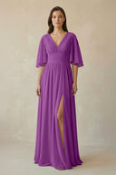 Half Sleeve V - Neck A - Line Chiffon Bridesmaid Gown in Amethyst - KISS BRIDAL Bridesmaid Dresses