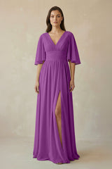 Half Sleeve V - Neck A - Line Chiffon Bridesmaid Gown in Amethyst - KISS BRIDAL Bridesmaid Dresses