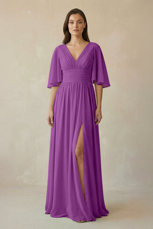 Half Sleeve V - Neck A - Line Chiffon Bridesmaid Gown in Amethyst - KISS BRIDAL Bridesmaid Dresses