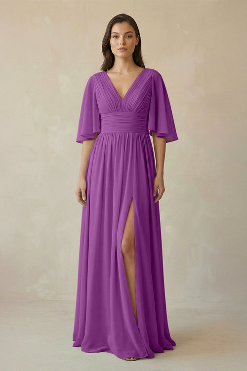 Half Sleeve V - Neck A - Line Chiffon Bridesmaid Gown in Amethyst - KISS BRIDAL Bridesmaid Dresses