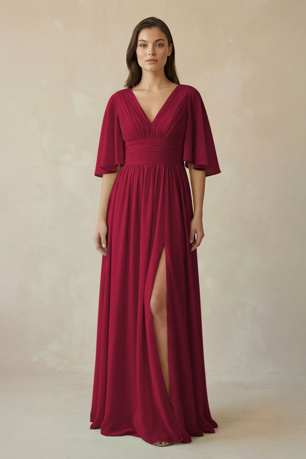 Half Sleeve V - Neck A - Line Chiffon Bridesmaid Gown in Berry - SHE IS ME Bridesmaid Dresses