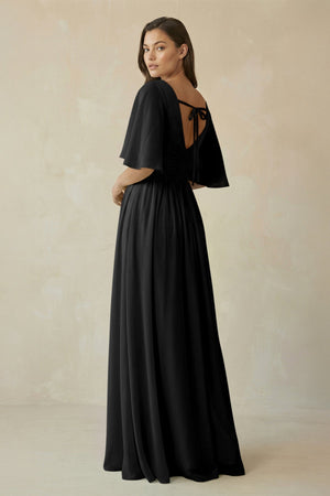 Half Sleeve V - Neck A - Line Chiffon Bridesmaid Gown in Black - KISS BRIDAL Bridesmaid Dresses