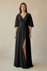 Half Sleeve V - Neck A - Line Chiffon Bridesmaid Gown in Black - KISS BRIDAL Bridesmaid Dresses
