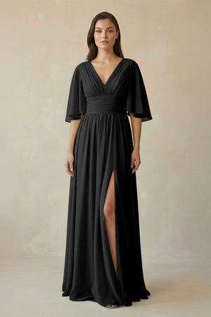 Half Sleeve V - Neck A - Line Chiffon Bridesmaid Gown in Black - KISS BRIDAL Bridesmaid Dresses