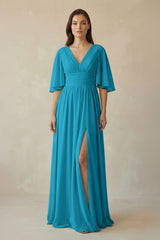 Half Sleeve V - Neck A - Line Chiffon Bridesmaid Gown in Blue Jay - KISS BRIDAL Bridesmaid Dresses