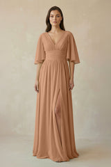 Half Sleeve V - Neck A - Line Chiffon Bridesmaid Gown in Bronzer - KISS BRIDAL Bridesmaid Dresses
