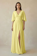 Half Sleeve V - Neck A - Line Chiffon Bridesmaid Gown in Buttercup - SHE IS ME Bridesmaid Dresses