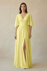 Half Sleeve V - Neck A - Line Chiffon Bridesmaid Gown in Buttercup - KISS BRIDAL Bridesmaid Dresses